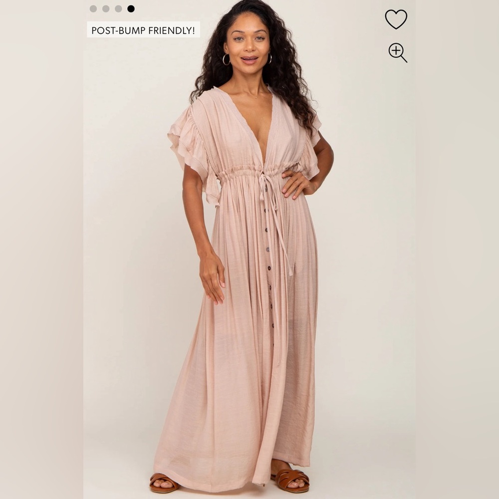 Light Pink Deep V-Neck Button Down Maternity Maxi Dress - Picture 4 of 4